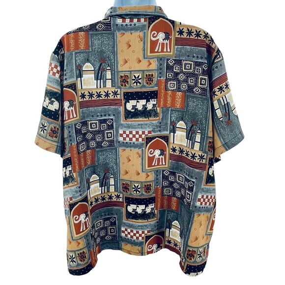 Vintage Ship 'n Shore Gray Brown Graphic India Button Short Sleeve Blouse XL - Picture 2 of 9